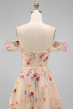 Ivory Off the Shoulder Flower Corset Appliqued A Line Tulle Midi Dress