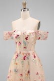Ivory Off the Shoulder Flower Corset Appliqued A Line Tulle Midi Dress