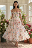 Ivory Off the Shoulder Flower Corset Appliqued A Line Tulle Midi Dress