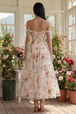Ivory Off the Shoulder Flower Corset Appliqued A Line Tulle Midi Dress
