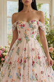 Ivory Off the Shoulder Flower Corset Appliqued A Line Tulle Midi Dress