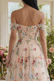 Ivory Off the Shoulder Flower Corset Appliqued A Line Tulle Midi Dress