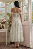 Light Green Corset Off the Shoulder Appliqued A Line Tulle Midi Dress