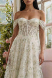 Light Green Corset Off the Shoulder Appliqued A Line Tulle Midi Dress