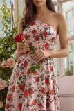 Pink Red Flower One Shoulder Printed  A Line Midi Dress