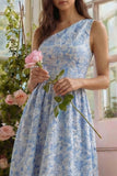 Blue Flower Jacquard One Shoulder A Line Midi Dress with Ruffles