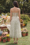 Light Green Appliqued Corset Spaghetti Straps A Line Midi Dress