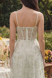 Light Green Appliqued Corset Spaghetti Straps A Line Midi Dress
