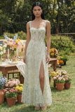 Light Green Appliqued Corset A Line Tulle Maxi Floral Dress with Slit