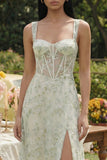 Light Green Appliqued Corset A Line Tulle Maxi Floral Dress with Slit