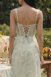 Light Green Appliqued Corset A Line Tulle Maxi Floral Dress with Slit