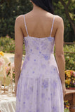 Lilac Printed Spaghetti Straps A Line Midi Dress with Ruffles