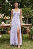 Lilac Printed Square Neck A Line Floral Dress with Slit