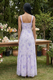 Lilac Printed Square Neck A Line Floral Dress with Slit