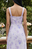 Lilac Printed Square Neck A Line Floral Dress with Slit