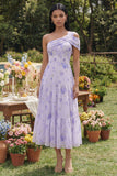 Lilac Printed One Shoulder A Line Midi Dress with Ruffles