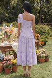 Lilac Printed One Shoulder A Line Midi Dress with Ruffles