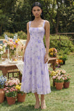 Lilac Printed Square Neck A Line Chiffon Midi Dress