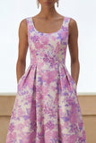 Lilac Flower Printed Curved Square Neck A Line Midi Dress