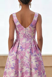 Lilac Flower Printed Curved Square Neck A Line Midi Dress