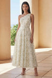 Light Green Appliqued One Shoulder A Line Midi Dress