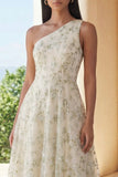 Light Green Appliqued One Shoulder A Line Midi Dress