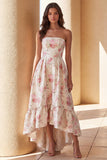 White Pink Flower Printed Strapless A Line Maxi Dress with Ruffles