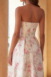White Pink Flower Printed Strapless A Line Maxi Dress with Ruffles