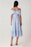 Blue Jacquard Off the Shoulder Corset A Line Midi Dress with Ruffles