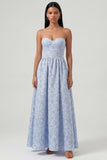 Blue Jacquard Corset Strapless A Line Floral Dress
