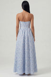 Blue Jacquard Corset Strapless A Line Floral Dress