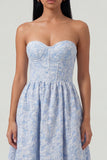 Blue Jacquard Corset Strapless A Line Floral Dress