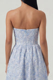 Blue Jacquard Corset Strapless A Line Floral Dress