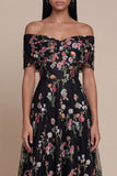 Black Off the Shoulder Appliqued A Line Tulle Midi Dress