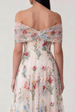 Black Off the Shoulder Appliqued A Line Tulle Midi Dress