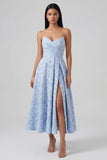Blue Strapless Jacquard Ruched A Line Midi Dress with Slit