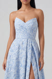 Blue Strapless Jacquard Ruched A Line Midi Dress with Slit