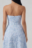 Blue Strapless Jacquard Ruched A Line Midi Dress with Slit