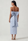 Bowknot Blue Strapless Jacquard Sheath Midi Dress with Slit
