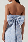Bowknot Blue Strapless Jacquard Sheath Midi Dress with Slit