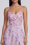 Lilac Flower Appliqued Spaghetti Straps A Line Midi Dress with Slit