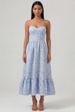 Blue Jacquard Corset Strapless A Line Midi Dress with Ruffles