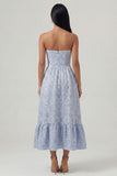 Blue Jacquard Corset Strapless A Line Midi Dress with Ruffles