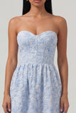 Blue Jacquard Corset Strapless A Line Midi Dress with Ruffles