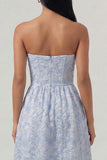 Blue Jacquard Corset Strapless A Line Midi Dress with Ruffles