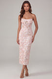 Pink Flower Appliqued Corset Strapless Sheath Midi Dress