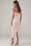 Pink Flower Appliqued Corset Strapless Sheath Midi Dress
