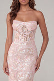 Pink Flower Appliqued Corset Strapless Sheath Midi Dress