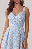Blue Jacquard V Neck Ruched A Line Midi Dress