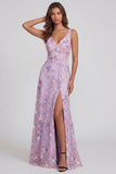 Lilac Flower Appliqued V Neck A Line Maxi Dress with Slit